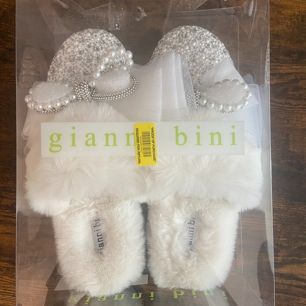 Gianni Bini Comfiee Three Rhinestone and Pearl Bow Faux Fur Slippers